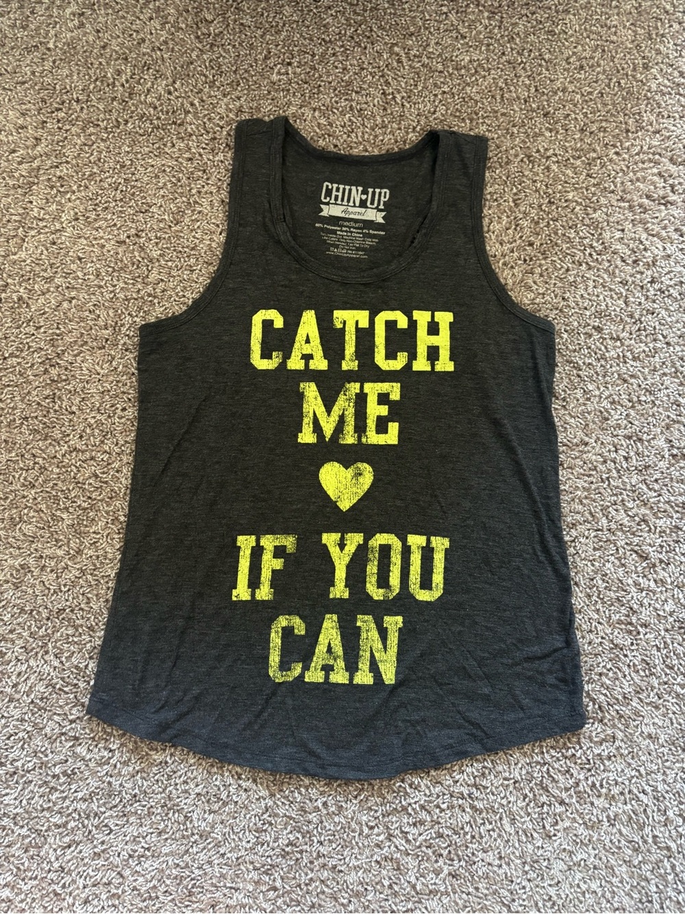 Chin Up Apparel Women’s Charcoal Tank with Yellow Graphic Text